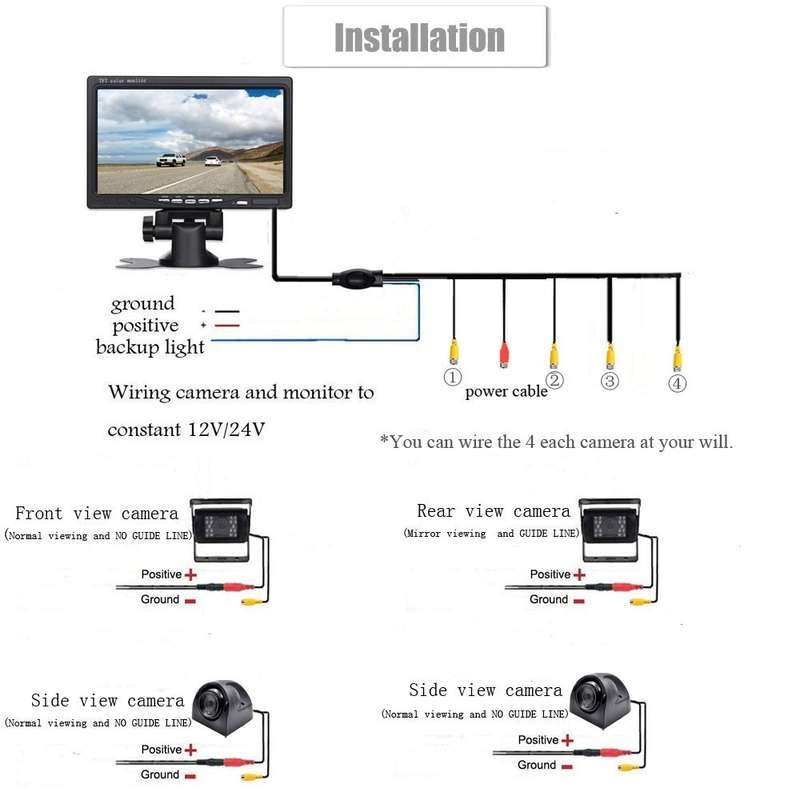 K0164 7 inch HD Car 18 IR Night Vision Rear View Backup Four Cameras Rearview Monitor