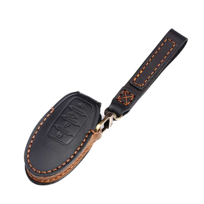 For Nissan 4-button Horn Hallmo Car Cowhide Leather Key Protective Cover Key Case(Black)