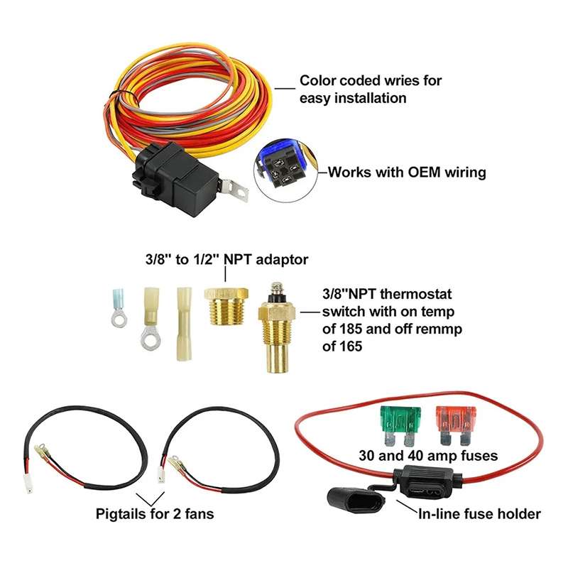 Car 12V 40A 165-185 Degree Electric Cooling Fan Thermostat Temperature Sensor Switch Set
