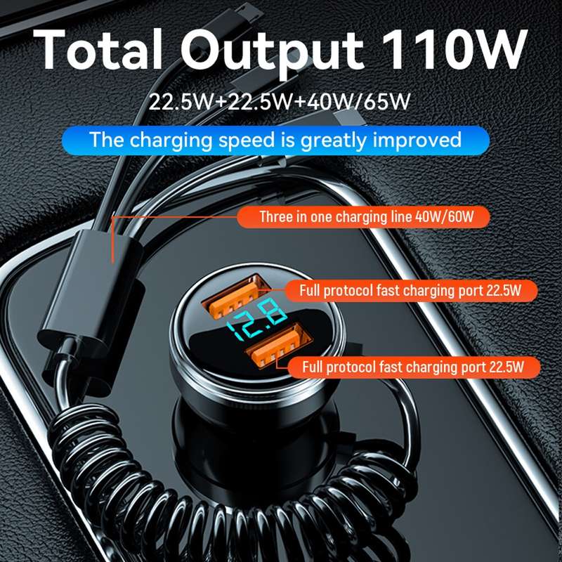 BW15 110W 3 in 1 Charging Cable & Dual USB Port Car Charger (Red)