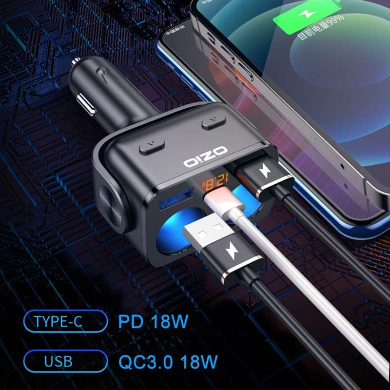 Ozio Y48TC QC3.0 + Type-C Dual Port Fast Charging Multi-function Car Charger Cigarette Lighter
