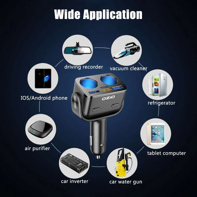 Ozio Y48TC QC3.0 + Type-C Dual Port Fast Charging Multi-function Car Charger Cigarette Lighter