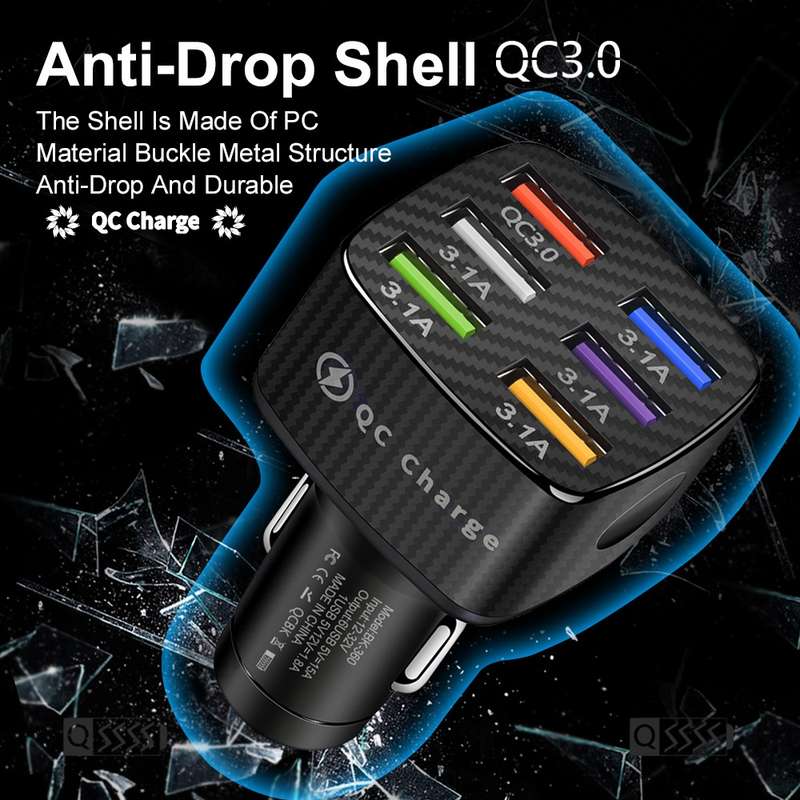 BK-360 6 in 1 QC3.0+3.1A USB luminescent Car Charger (Black)
