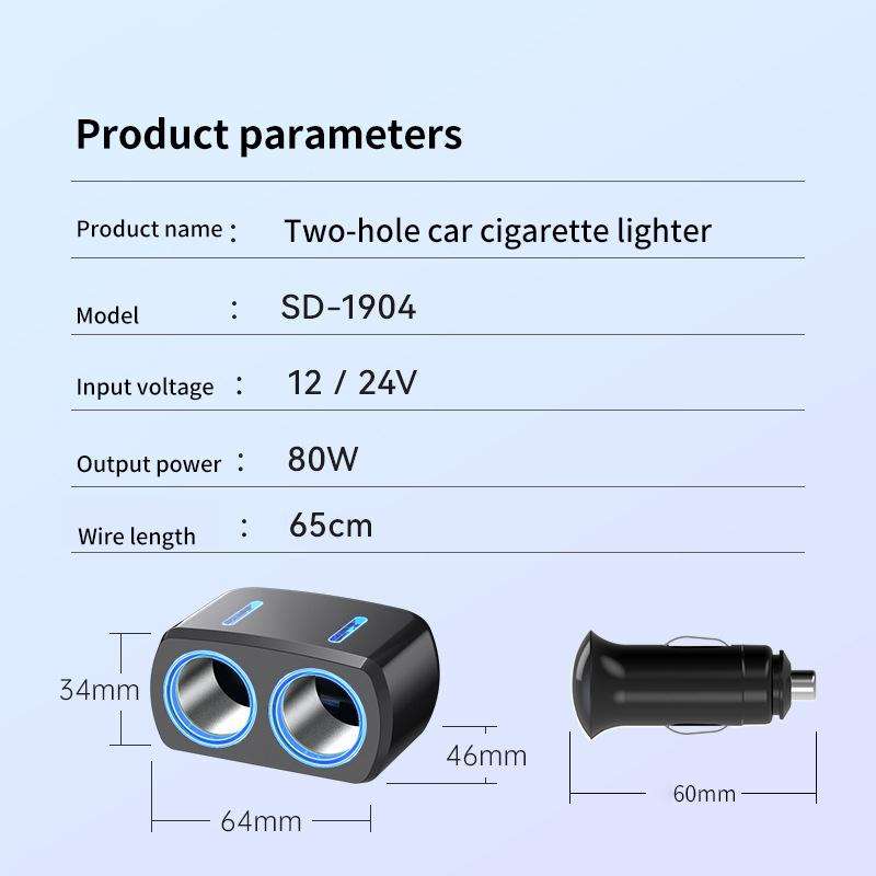 SHUNWEI SD-1904 Dual Socket Car Cigarette Lighter Splitter with USB Charger (Black)