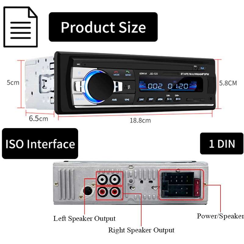 JSD-520 Car Stereo Radio MP3 Audio Player Support Bluetooth Hand-free Calling / FM / USB / SD,