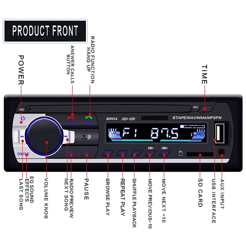 JSD-520 Car Stereo Radio MP3 Audio Player Support Bluetooth Hand-free Calling / FM / USB / SD,