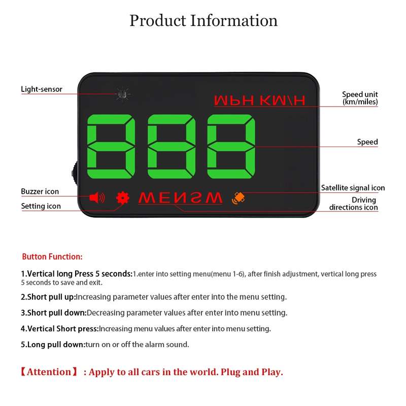 Geyiren A5 HUD 3.5 inch Car Head Up Display with GPS System, Two Mode Display, Light Sensors, KM/h M