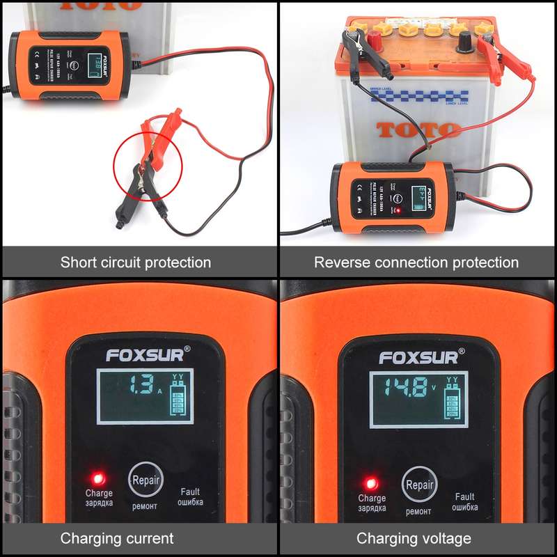 FOXSUR 12V 6A Intelligent Universal Battery Charger for Car Motorcycle, Length: 55cm, EU Plug(Red)