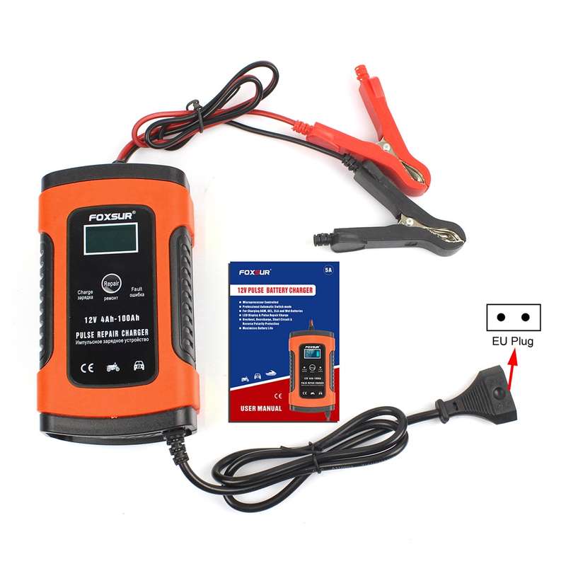 FOXSUR 12V 6A Intelligent Universal Battery Charger for Car Motorcycle, Length: 55cm, EU Plug(Red)