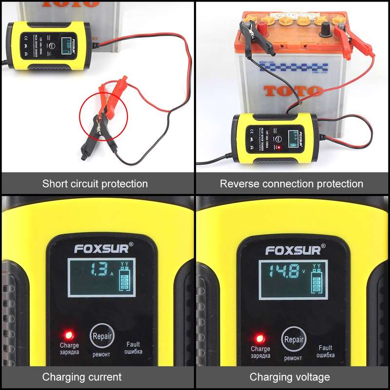 FOXSUR 12V 6A Intelligent Universal Battery Charger for Car Motorcycle, Length: 55cm, EU Plug(Red)