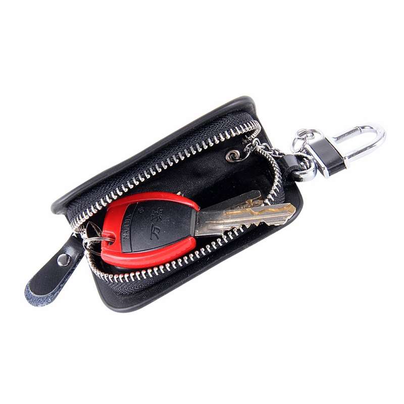Universal Leather Wood Grain Texture Waist Hanging Zipper Wallets Key Holder Bag (No Include Key)(Bl