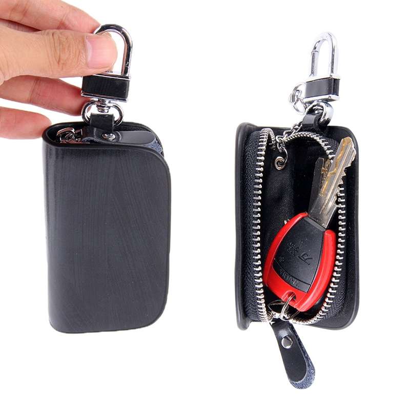 Universal Leather Wood Grain Texture Waist Hanging Zipper Wallets Key Holder Bag (No Include Key)(Bl