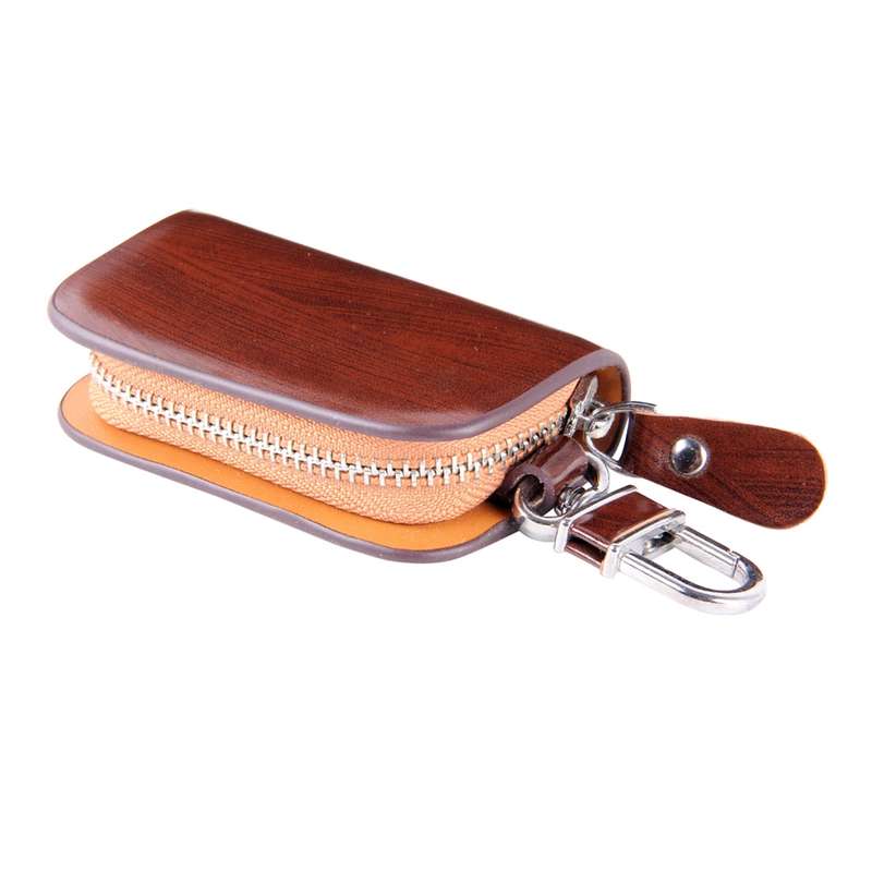 Universal Leather Wood Grain Texture Waist Hanging Zipper Wallets Key Holder Bag (No Include Key)(Bl