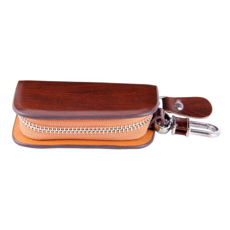 Universal Leather Wood Grain Texture Waist Hanging Zipper Wallets Key Holder Bag (No Include Key)(Bl