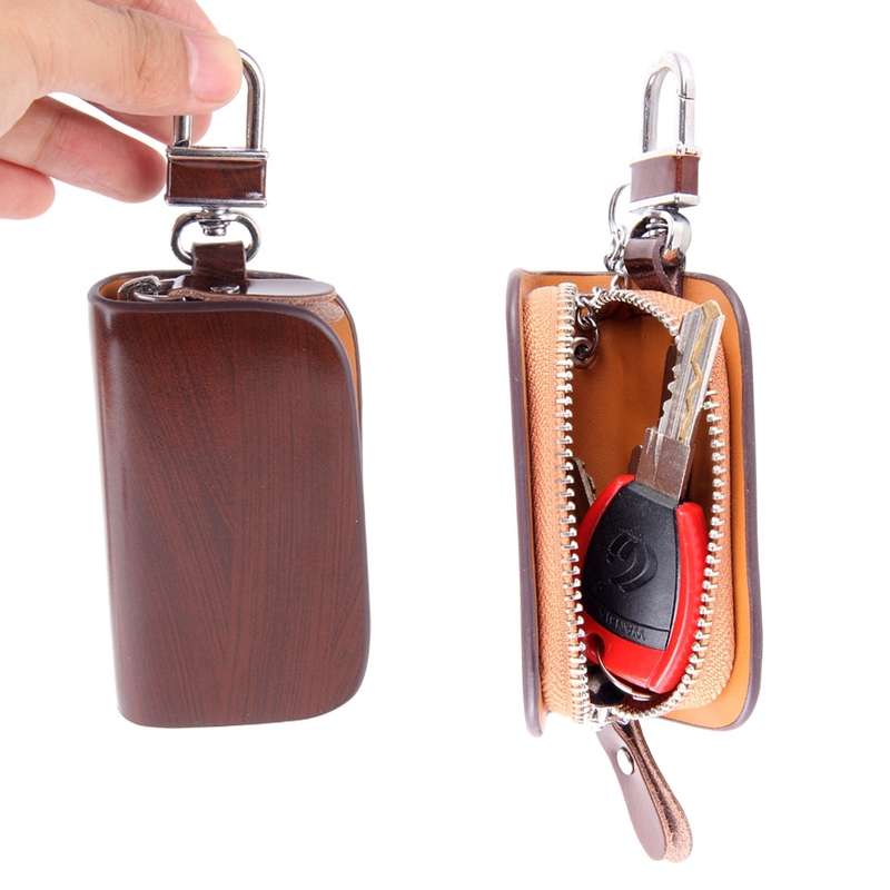 Universal Leather Wood Grain Texture Waist Hanging Zipper Wallets Key Holder Bag (No Include Key)(Bl