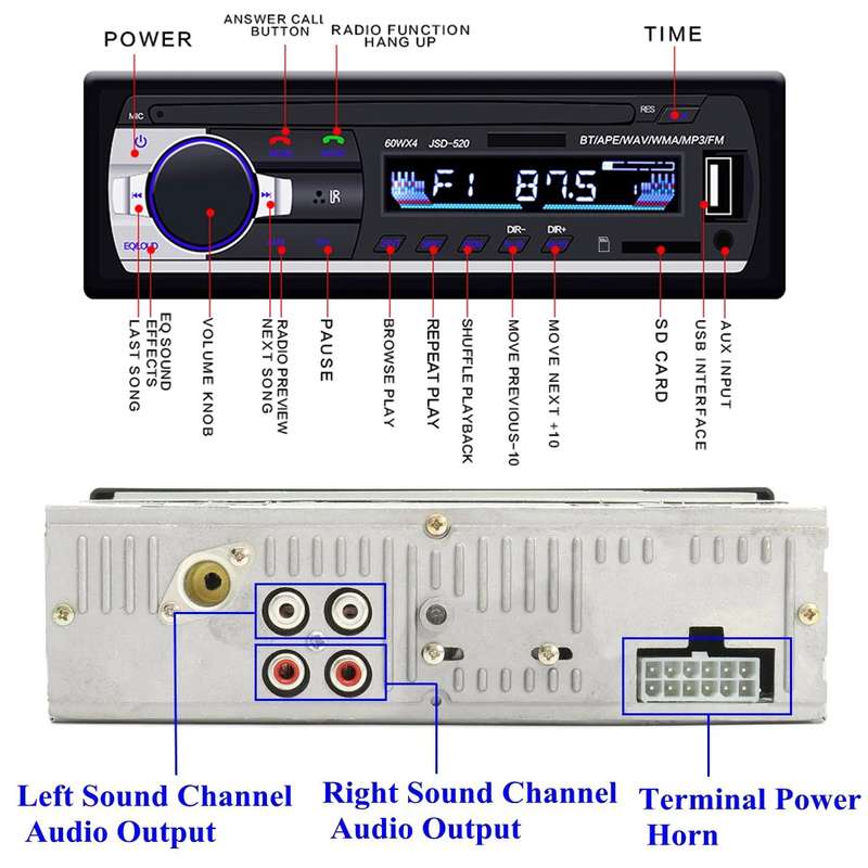 JSD-520 Car Stereo Radio MP3 Audio Player Support Bluetooth Hand-free Calling / FM / USB / SD, Ordin