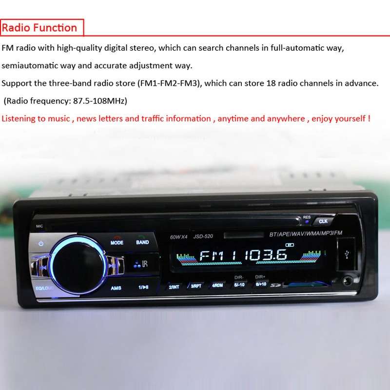 JSD-520 Car Stereo Radio MP3 Audio Player Support Bluetooth Hand-free Calling / FM / USB / SD, Ordin