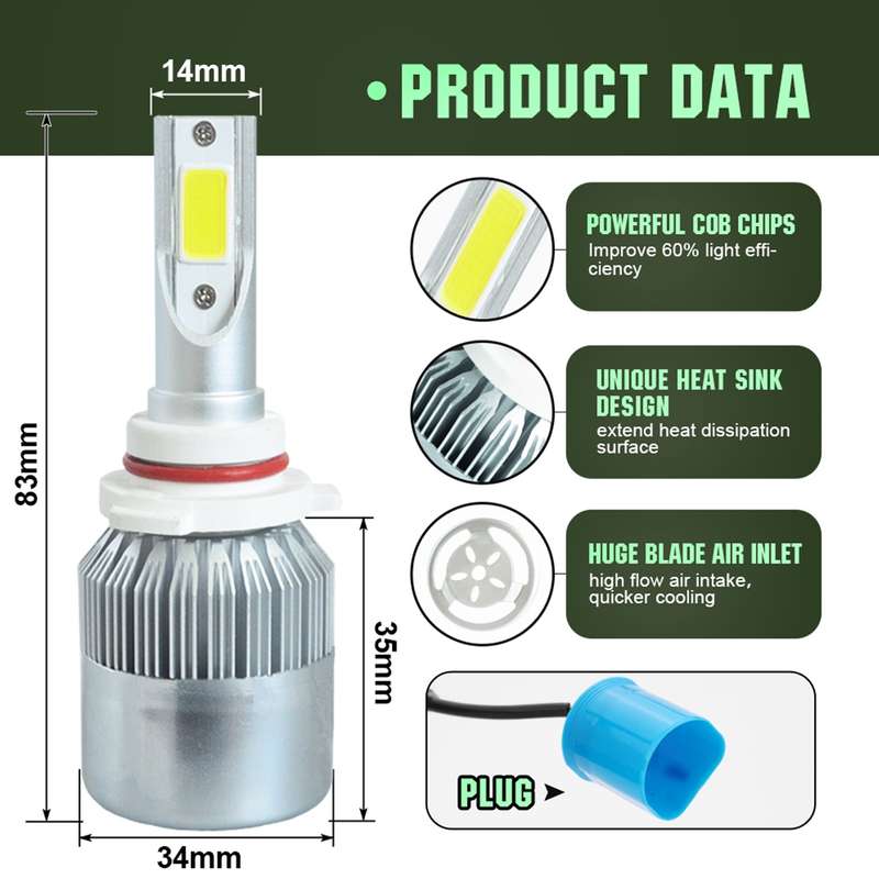 2pcs 9005 18W 1800LM 6000K Waterproof IP68 Car Auto LED Headlight with 2 COB LED Lamps, DC 9-36V(Whi