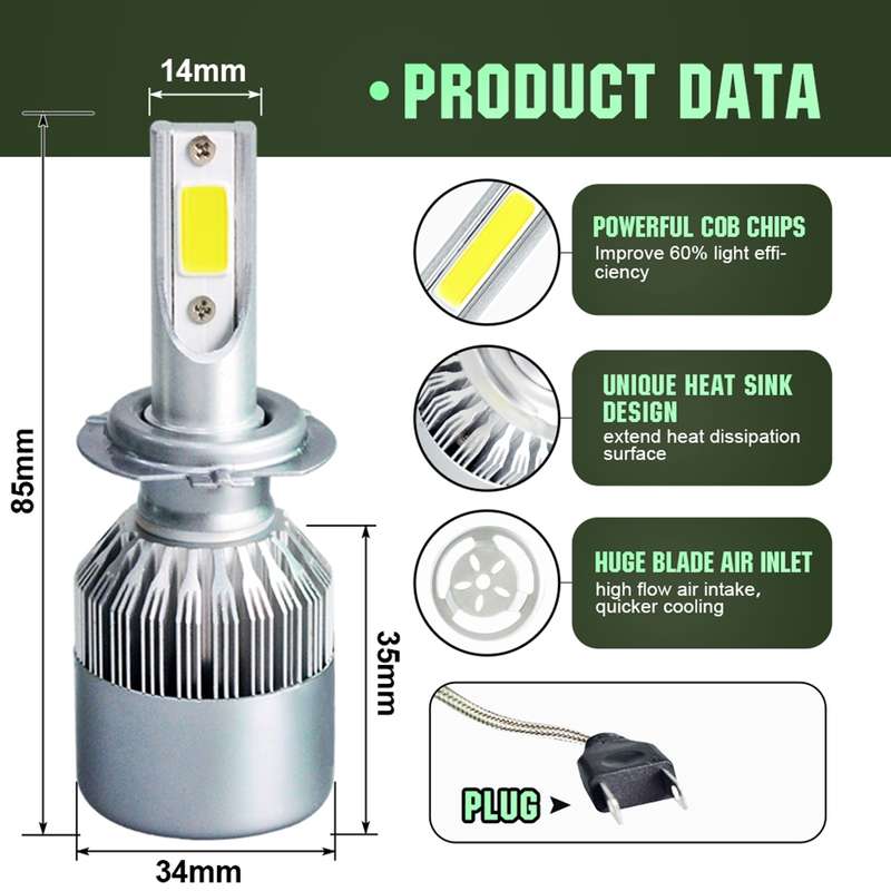 2pcs H7 18W 1800LM 6000K Waterproof IP68 Car Auto LED Headlight with 2 COB LED Lamps, DC 9-36V(White