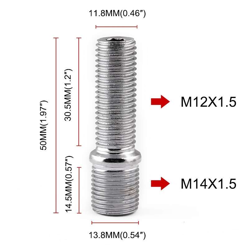 20 PCS 5cm Universal Car Modification Extended Wheels Stud Conversion M14x1.5 to M12x1.5 Screw Adapt