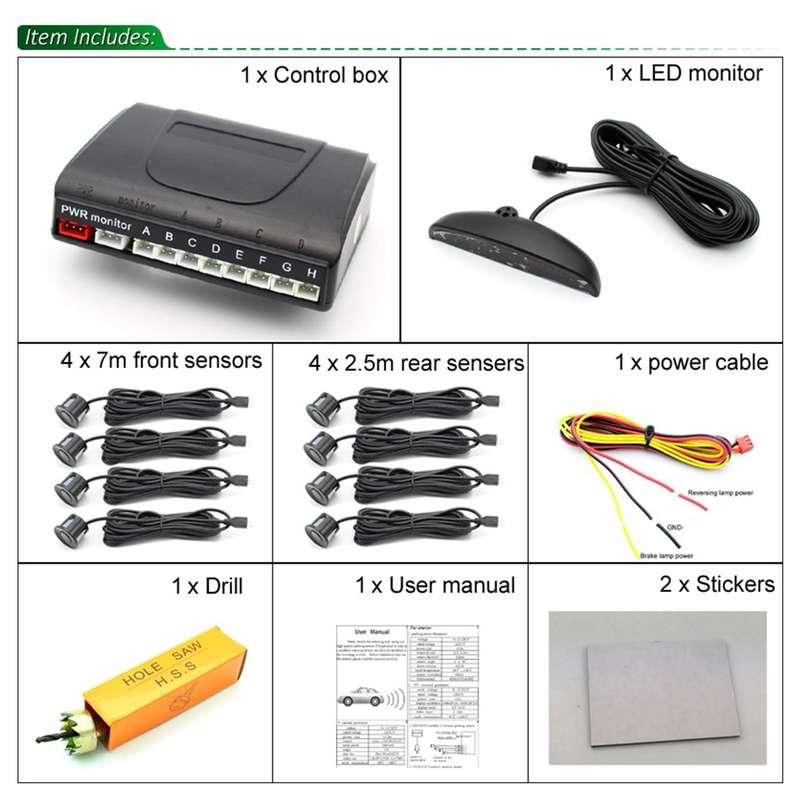PZ-300-8 Car Parking Reversing Buzzer LED Monitor Parking Alarm Assistance System with 4*7m Front Se