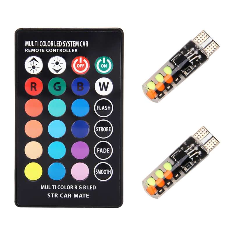 2 PCS W5W 194 T10 Multi Colors COB 12 SMD RGB LED Bulbs with Remote Control Wedge Side Lights Licens