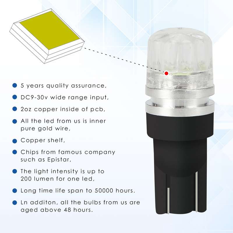 10 PCS T10 2W 100LM IP67 LEDs Bulbs Prismatic Shape Car Lens Decoder Mini Lamps DC 12V, with 2LEDs S