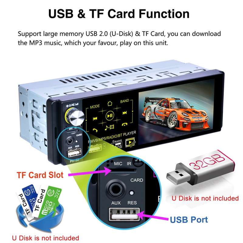 P5130 HD 1 Din 4.1 inch Car Radio Receiver MP5 Player, Support FM & AM & Bluetooth & TF Card, with S