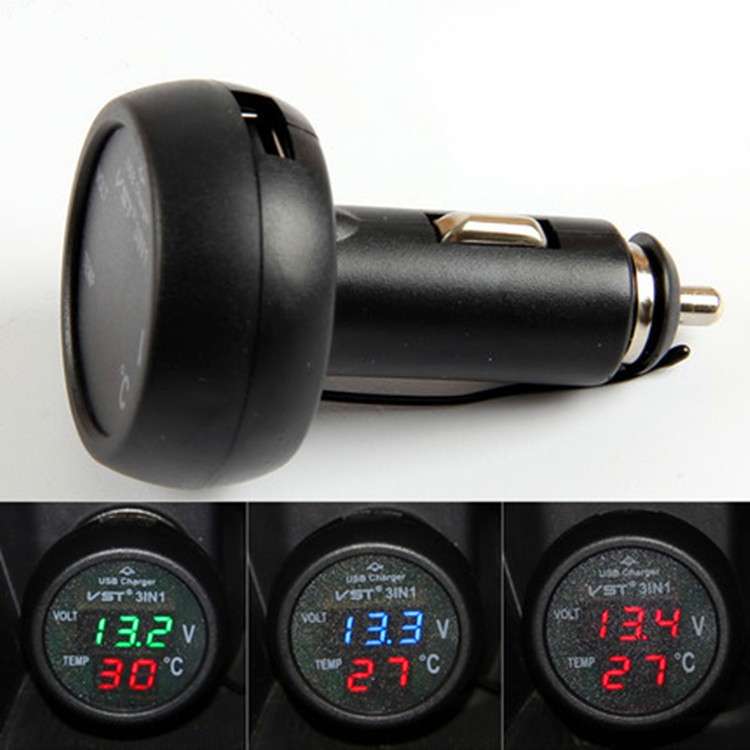 3 in 1 Universal Car Digital Voltage Meter Temperature Meter USB Charger, DC12-24V(Random Color Deli