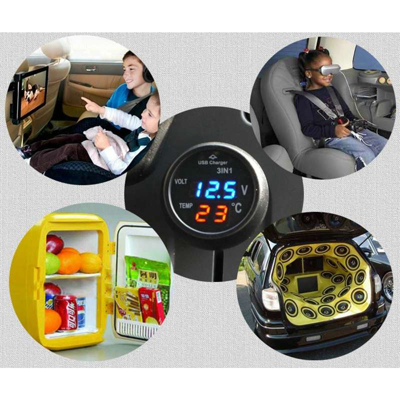 3 in 1 Universal Car Digital Voltage Meter Temperature Meter USB Charger, DC12-24V(Random Color Deli