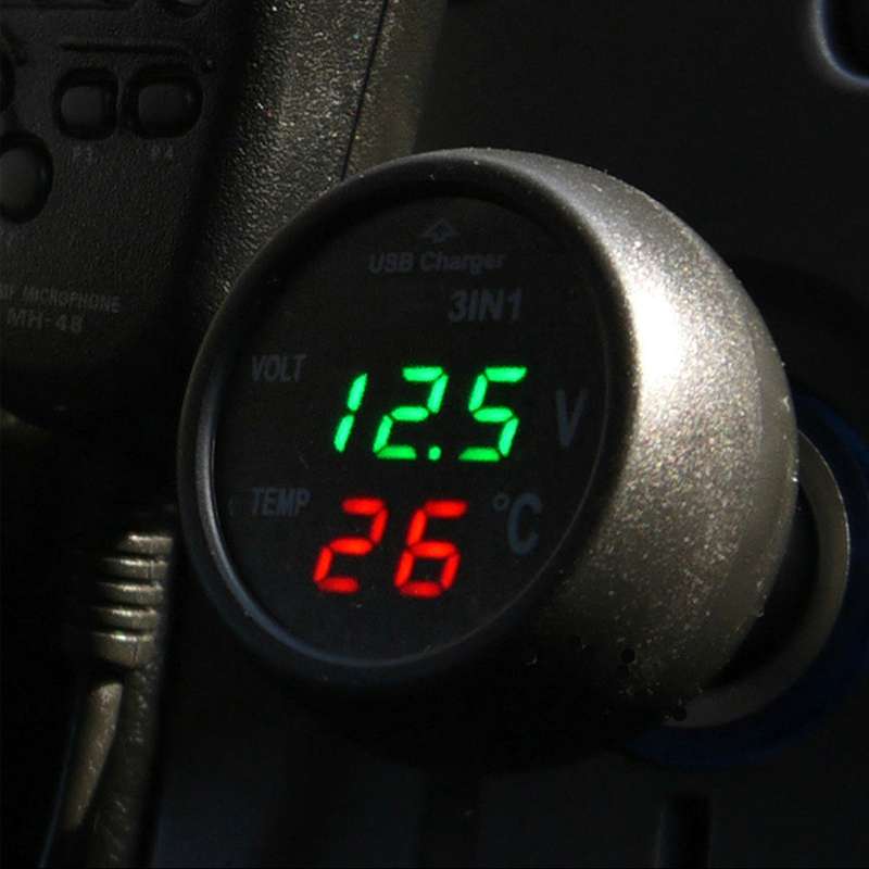 3 in 1 Universal Car Digital Voltage Meter Temperature Meter USB Charger, DC12-24V(Random Color Deli
