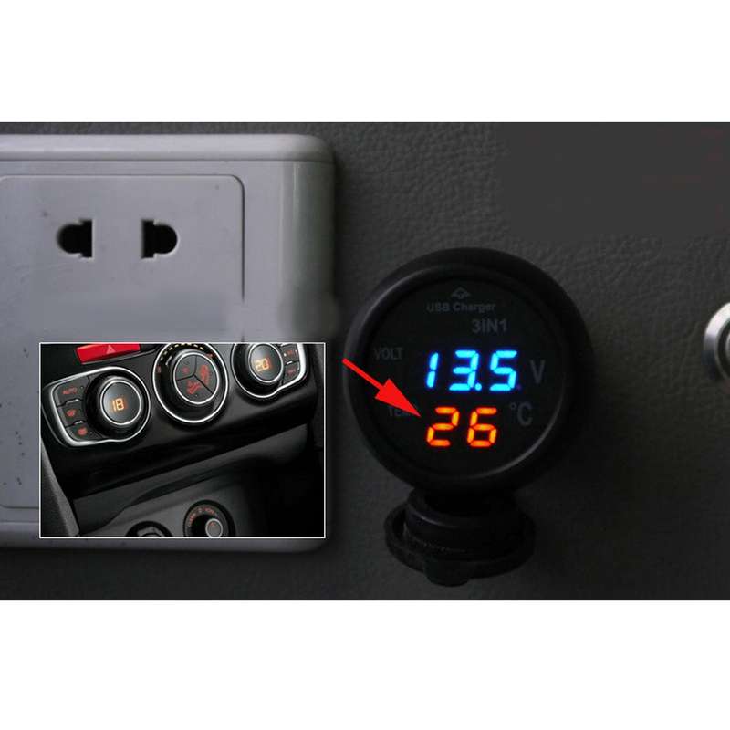 3 in 1 Universal Car Digital Voltage Meter Temperature Meter USB Charger, DC12-24V(Random Color Deli
