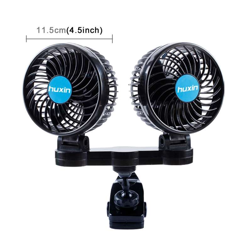 HUXIN HX-T605E 7W 360 Degree Adjustable Rotation Clip Two Head Low Noise Mini Electric Car Fan with