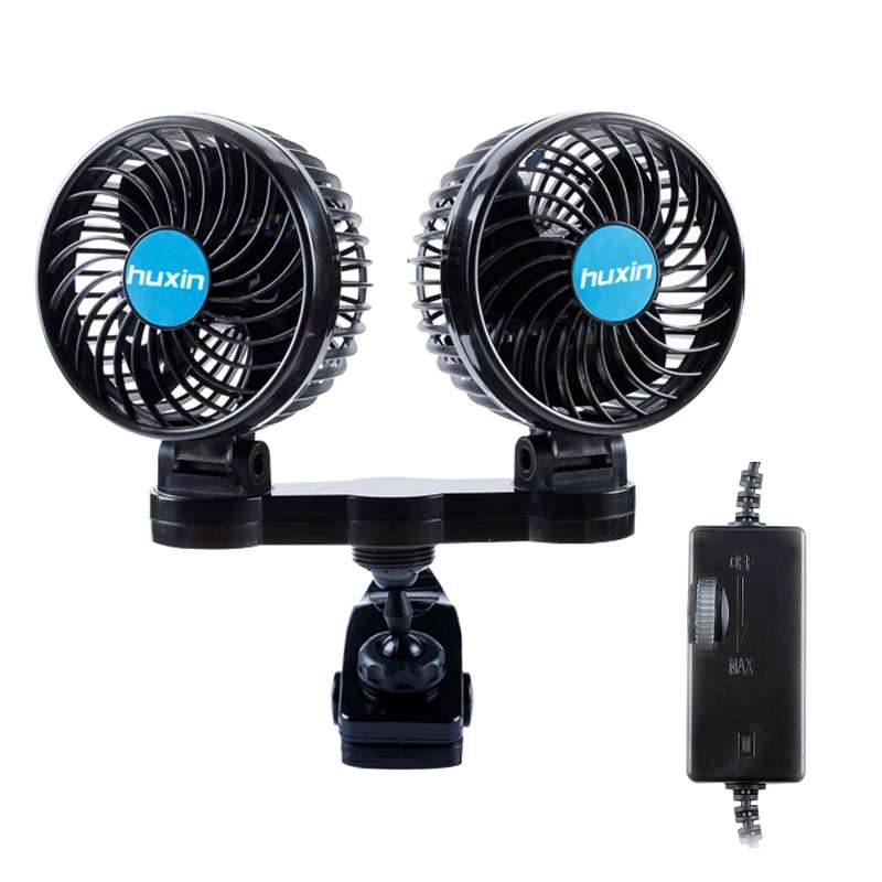 HUXIN HX-T605E 7W 360 Degree Adjustable Rotation Clip Two Head Low Noise Mini Electric Car Fan with