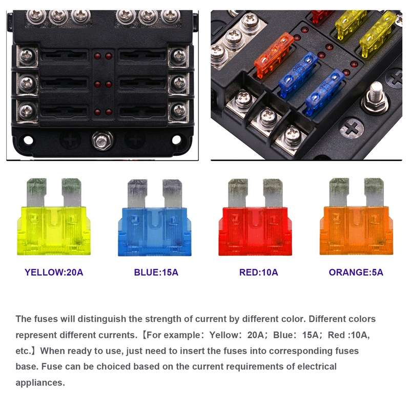 Independent Positive and Negative 1 in 6 Out 6 Way Circuit Blade Fuse Box Fuse Holder Kits with LED