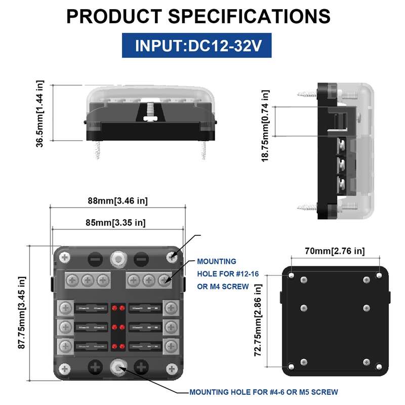 Independent Positive and Negative 1 in 6 Out 6 Way Circuit Blade Fuse Box Fuse Holder Kits with LED