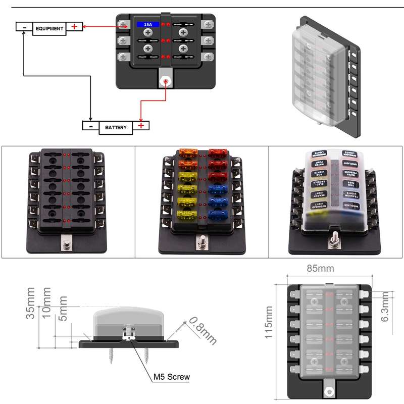 1 in 12 Out Fuse Box PC Terminal Block Fuse Holder Kits with LED Warning Indicator for Auto Car Truc