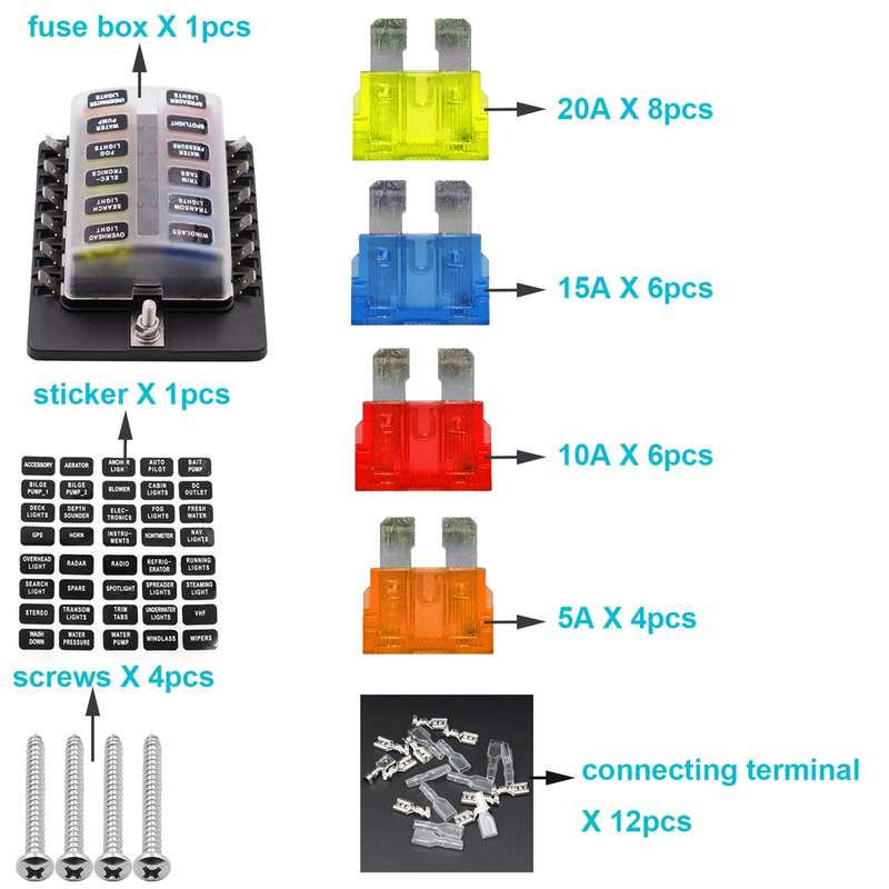 1 in 12 Out Fuse Box PC Terminal Block Fuse Holder Kits with LED Warning Indicator for Auto Car Truc