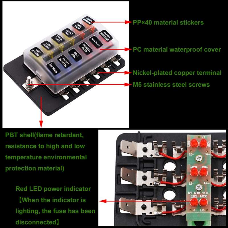 1 in 12 Out Fuse Box PC Terminal Block Fuse Holder Kits with LED Warning Indicator for Auto Car Truc