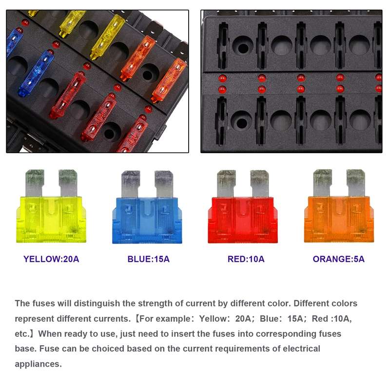 1 in 12 Out Fuse Box PC Terminal Block Fuse Holder Kits with LED Warning Indicator for Auto Car Truc