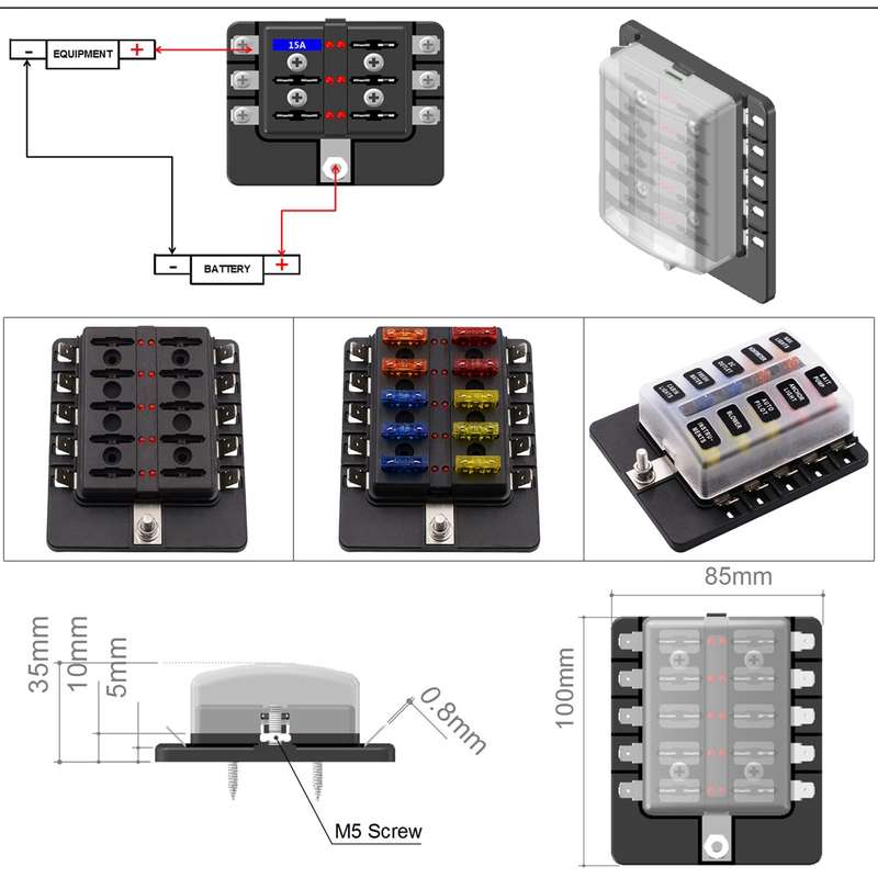 1 in 10 Out Fuse Box PC Terminal Block Fuse Holder Kits with LED Warning Indicator for Auto Car Truc