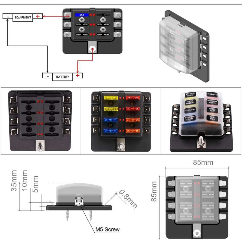 1 in 8 Out Fuse Box PC Terminal Block Fuse Holder Kits with LED Warning Indicator for Auto Car Truck