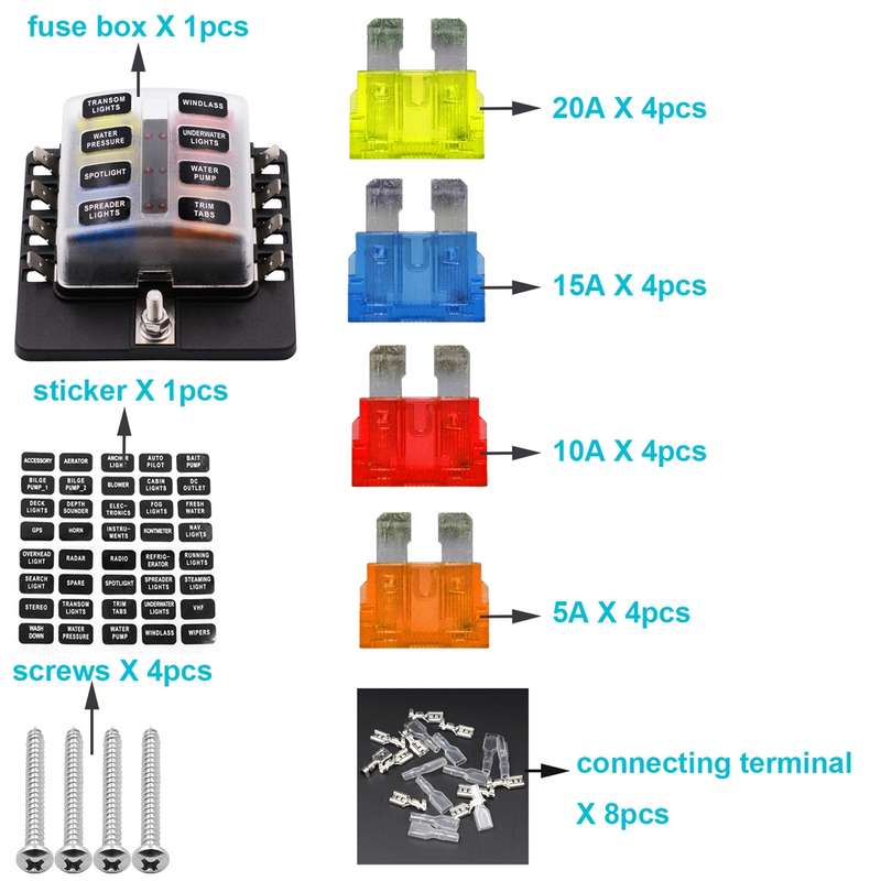 1 in 8 Out Fuse Box PC Terminal Block Fuse Holder Kits with LED Warning Indicator for Auto Car Truck