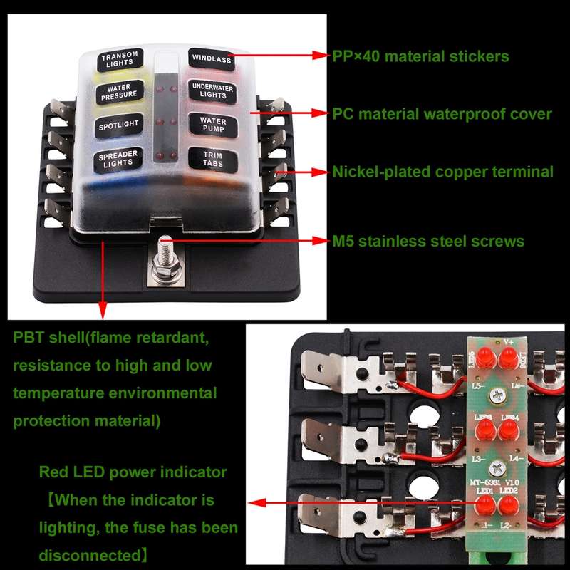 1 in 8 Out Fuse Box PC Terminal Block Fuse Holder Kits with LED Warning Indicator for Auto Car Truck