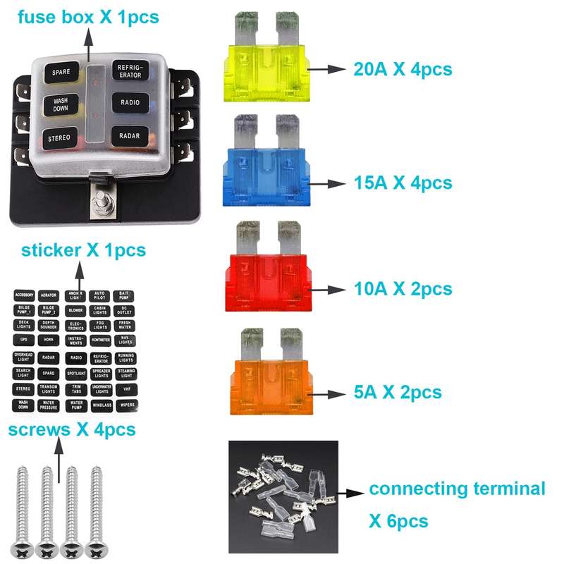 1 in 6 Out Fuse Box PC Terminal Block Fuse Holder Kits with LED Warning Indicator for Auto Car Truck