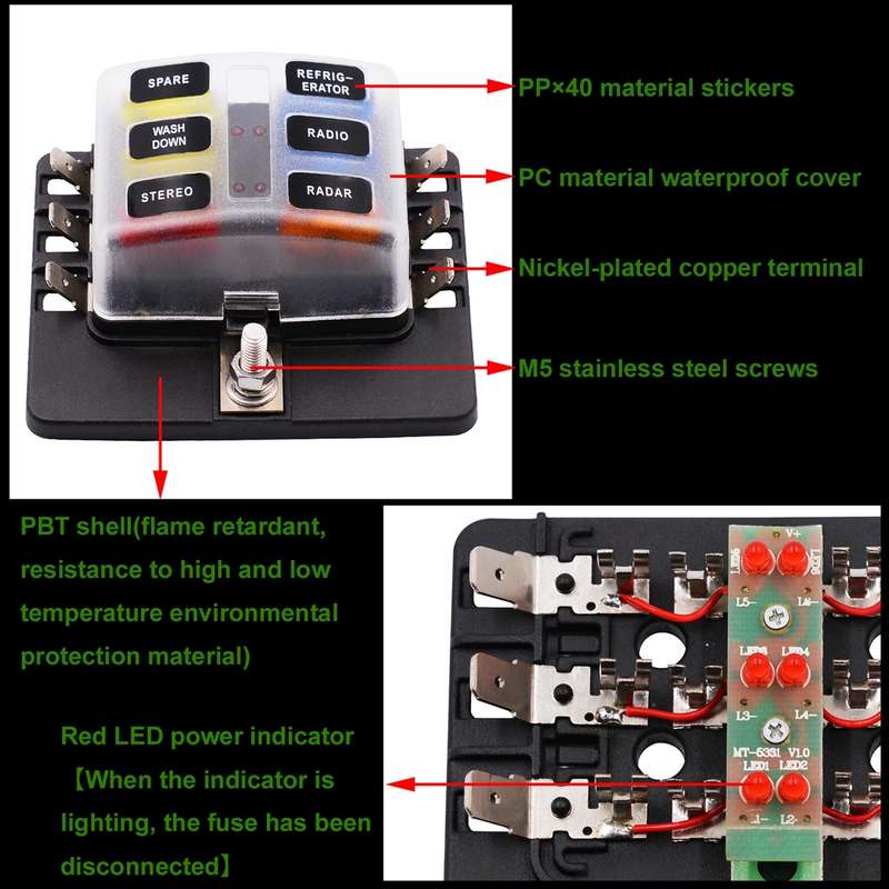 1 in 6 Out Fuse Box PC Terminal Block Fuse Holder Kits with LED Warning Indicator for Auto Car Truck