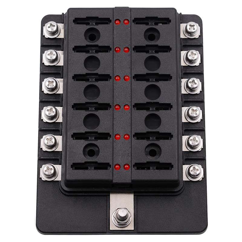1 in 12 Out Fuse Box Screw Terminal Section Fuse Holder Kits with LED Warning Indicator for Auto Car
