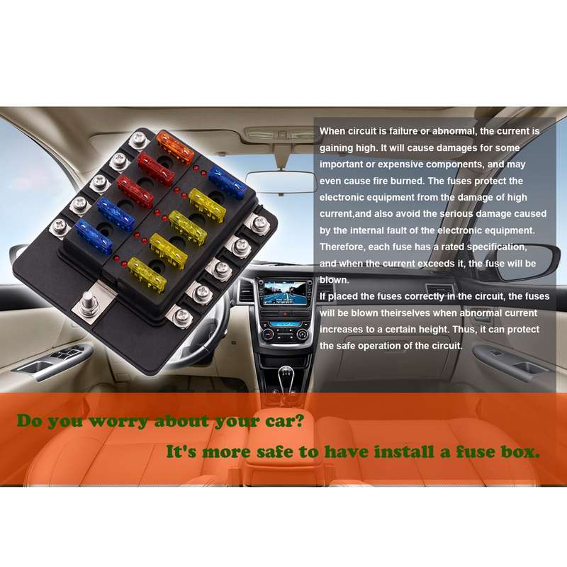1 in 10 Out Fuse Box Screw Terminal Section Fuse Holder Kits with LED Warning Indicator for Auto Car