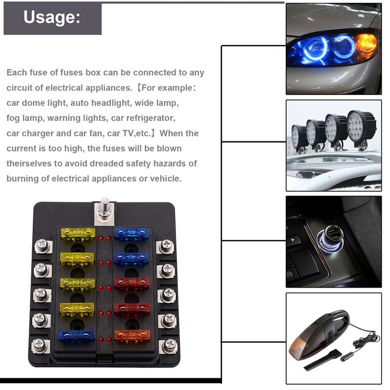 1 in 10 Out Fuse Box Screw Terminal Section Fuse Holder Kits with LED Warning Indicator for Auto Car