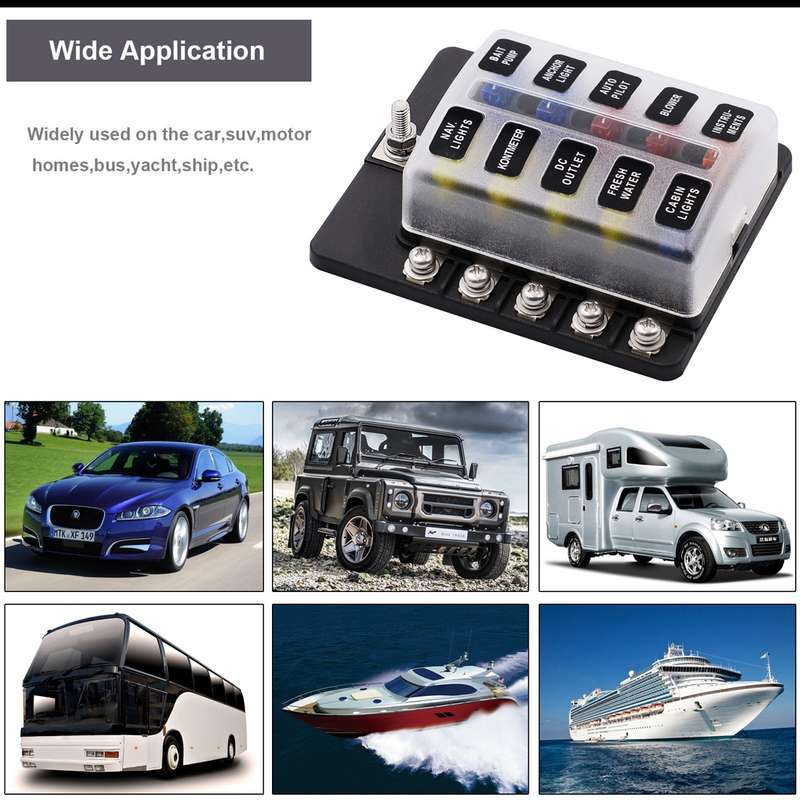 1 in 10 Out Fuse Box Screw Terminal Section Fuse Holder Kits with LED Warning Indicator for Auto Car
